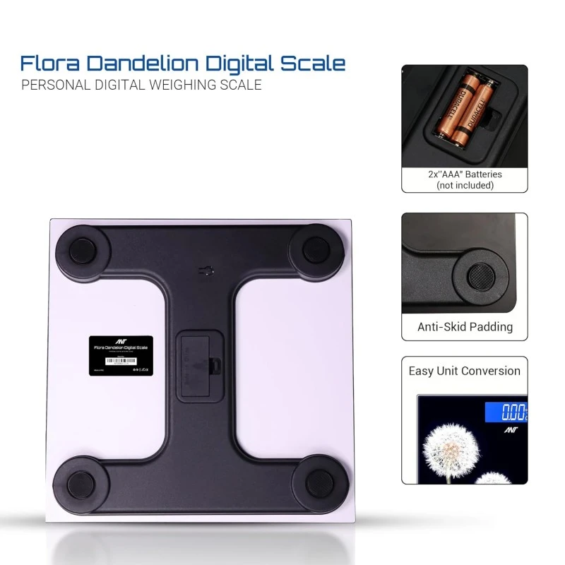 ANT Flora Dandelion Personal Digital Bathroom weighing scale for Human body Weight measurement with Wide LCD Display Thick Tampered Glass for Home & Gym with 30 Months Warranty - Black ANT Flora Dandelion Personal Digital Bathroom weighing scale for Human body Weight measurement with Wide LCD Display Thick Tampered Glass for Home & Gym with 30 Months Warranty - Black