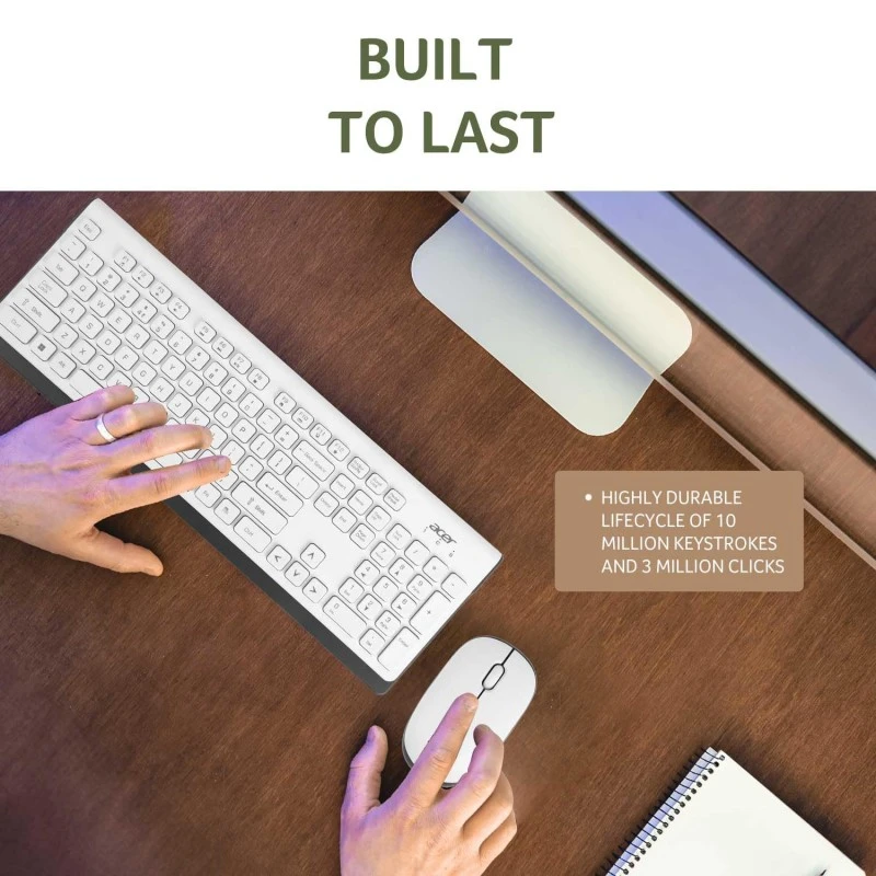 Acer Wireless Keyboard & Mouse Combo with Attractive Durable Design, 2.4GHz Nano Receiver, 10m Range, Indian Rupee Key Code, 1600 DPI, 10M Keystrokes Life for Microsoft Windows and Mac OS(White/Grey) Acer Wireless Keyboard & Mouse Combo with Attractive Durable Design, 2.4GHz Nano Receiver, 10m Range, Indian Rupee Key Code, 1600 DPI, 10M Keystrokes Life for Microsoft Windows and Mac OS(White/Grey)