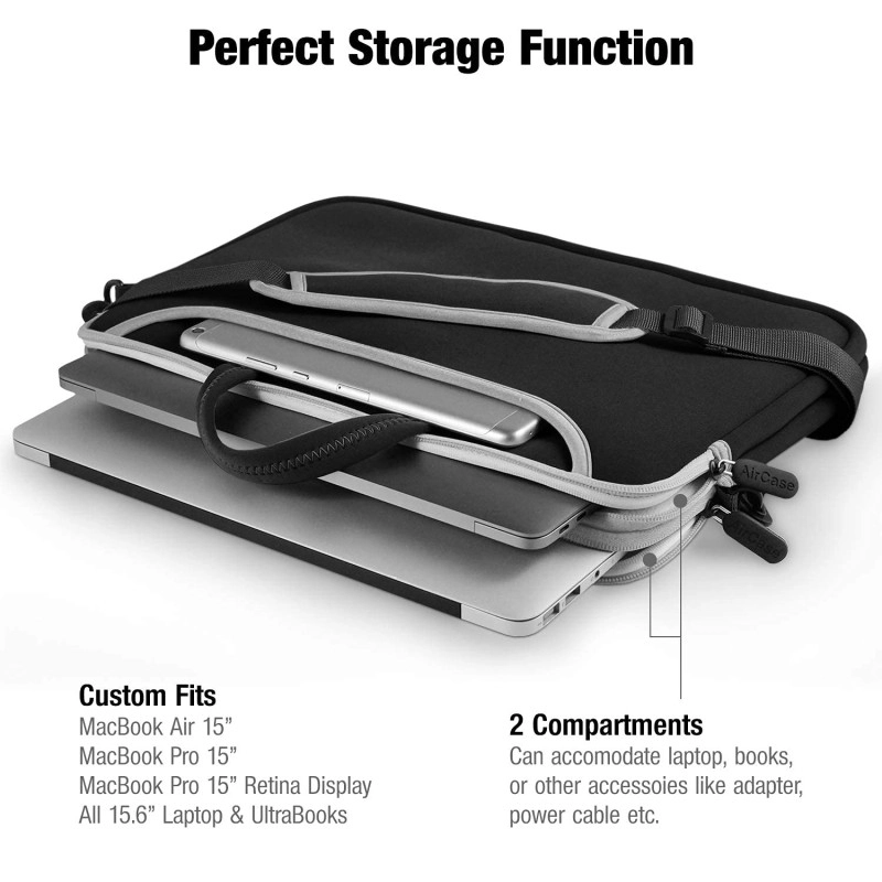 AirCase Messenger Bag with Handle Detachable Shoulder Strap Durable Neoprene Padded Fabric, for Men Women Black