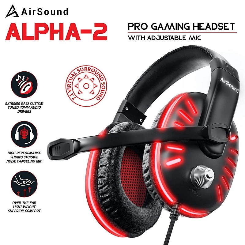 AirSound Alpha-2 Gaming Over-Ear Headset Headphone| Red LED Lights| 7.1 Surround Sound| Noise Cancelling Mic| Volume Control, USB Interface for All Laptop (Alpha-2) AirSound Alpha-2 Gaming Over-Ear Headset Headphone| Red LED Lights| 7.1 Surround Sound| Noise Cancelling Mic| Volume Control, USB Interface for All Laptop (Alpha-2)