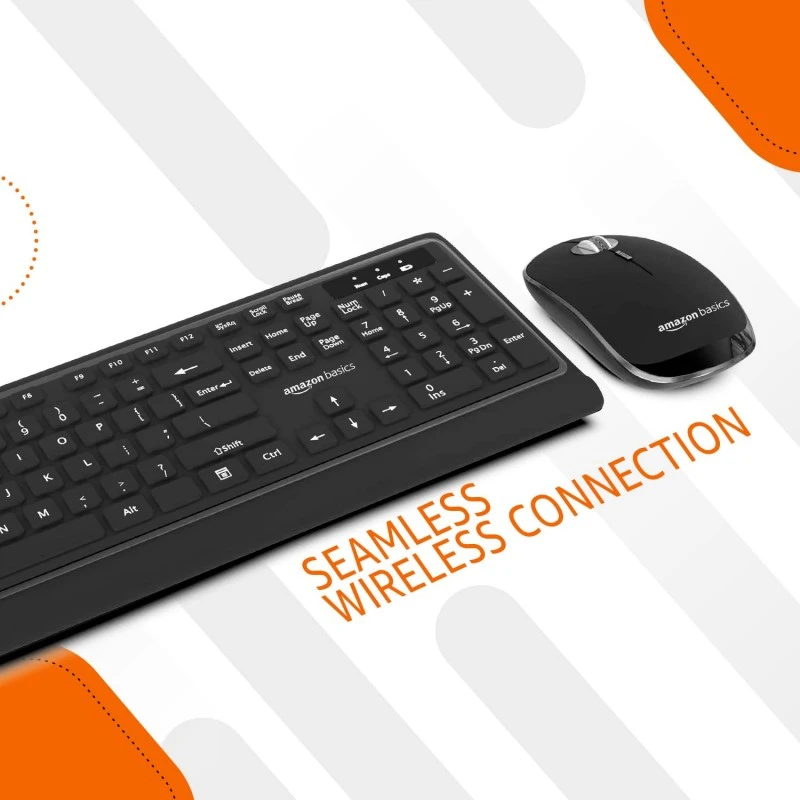 Amazon Basics Wireless Keyboard and Mouse Combo | 12 Months* Battery (Cells Included) | Silent Keys 800/1200/1600 DPI | Chiclet Keys Spill Resistant Keyboard for PC/Laptop (Black) Amazon Basics Wireless Keyboard and Mouse Combo | 12 Months* Battery (Cells Included) | Silent Keys 800/1200/1600 DPI | Chiclet Keys Spill Resistant Keyboard for PC/Laptop (Black)