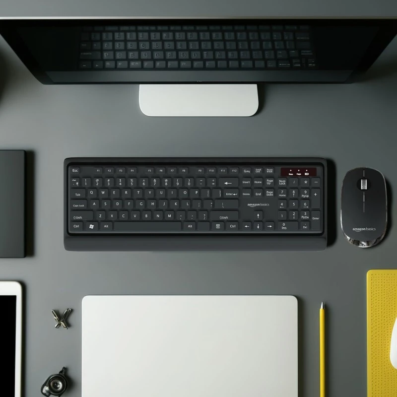 Amazon Basics Wireless Keyboard and Mouse Combo | 12 Months* Battery (Cells Included) | Silent Keys 800/1200/1600 DPI | Chiclet Keys Spill Resistant Keyboard for PC/Laptop (Black) Amazon Basics Wireless Keyboard and Mouse Combo | 12 Months* Battery (Cells Included) | Silent Keys 800/1200/1600 DPI | Chiclet Keys Spill Resistant Keyboard for PC/Laptop (Black)