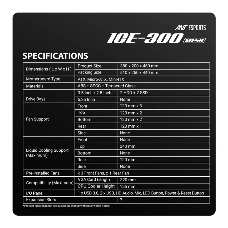 Ant Esports ICE-100 Mid-Tower Computer Case/Gaming Cabinet - Black | Supports ATX, Micro-ATX, Mini-ITX | Pre-Installed 2 x 140mm Front Fans and 1 x 140 mm Rear Fan Ant Esports ICE-100 Mid-Tower Computer Case/Gaming Cabinet - Black | Supports ATX, Micro-ATX, Mini-ITX | Pre-Installed 2 x 140mm Front Fans and 1 x 140 mm Rear Fan