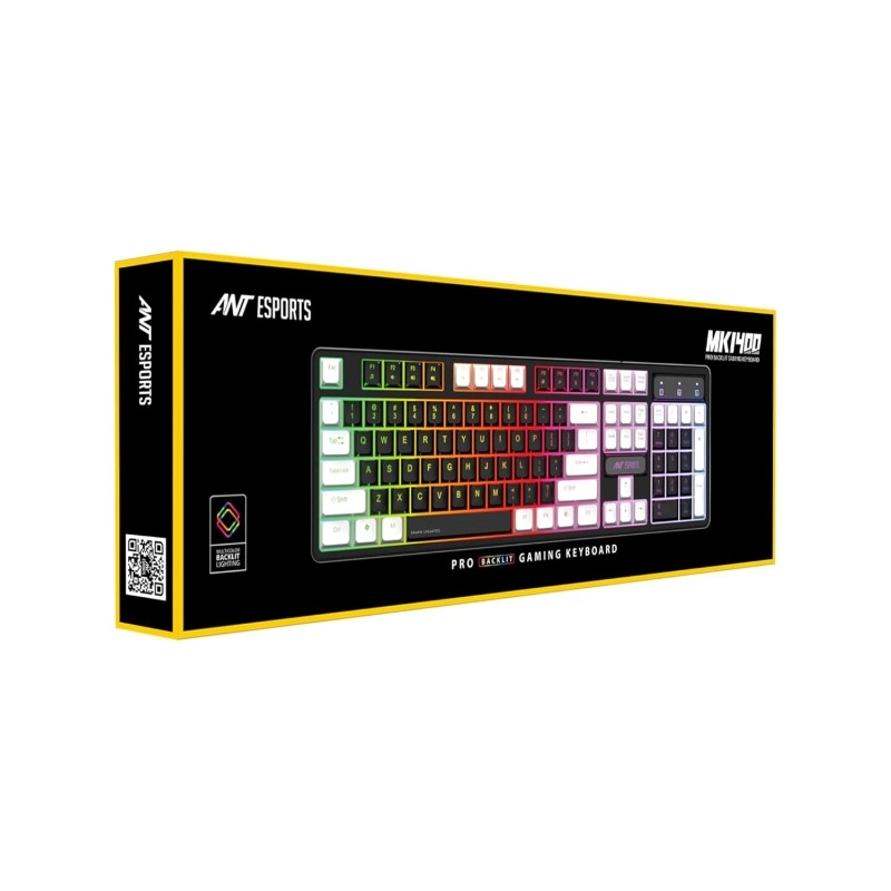 Ant Esports MK1400 Pro Backlit Membrane Wired Gaming Keyboard with Mixed Colour Lighting, White & Black Keycaps, Double Injection Key Caps - Black