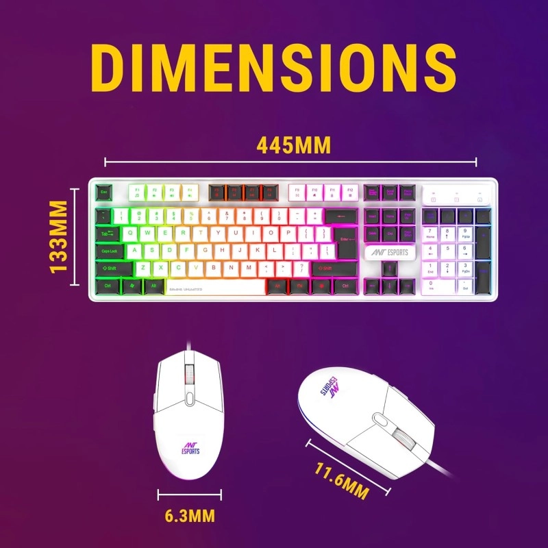 Ant Esports MK1400 Pro Backlit Membrane Wired Gaming Keyboard with Mixed Colour Lighting, White & Black Keycaps, Double Injection Key Caps - Black