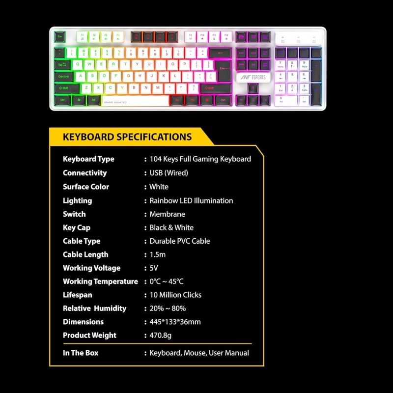 Ant Esports MK1400 Pro Backlit Membrane Wired Gaming Keyboard with Mixed Colour Lighting, White & Black Keycaps, Double Injection Key Caps - Black