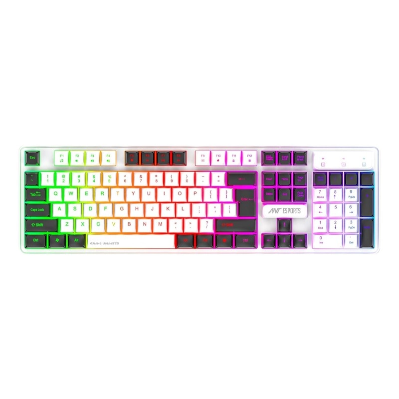 Ant Esports MK1400 Pro Backlit Membrane Wired Gaming Keyboard with Mixed Colour Lighting, White & Black Keycaps, Double Injection Key Caps - Black