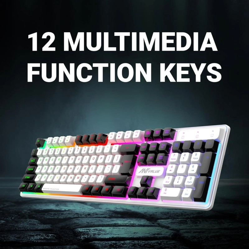Ant Esports MK1400 Pro Backlit Membrane Wired Gaming Keyboard with Mixed Colour Lighting, White & Black Keycaps, Double Injection Key Caps - Black