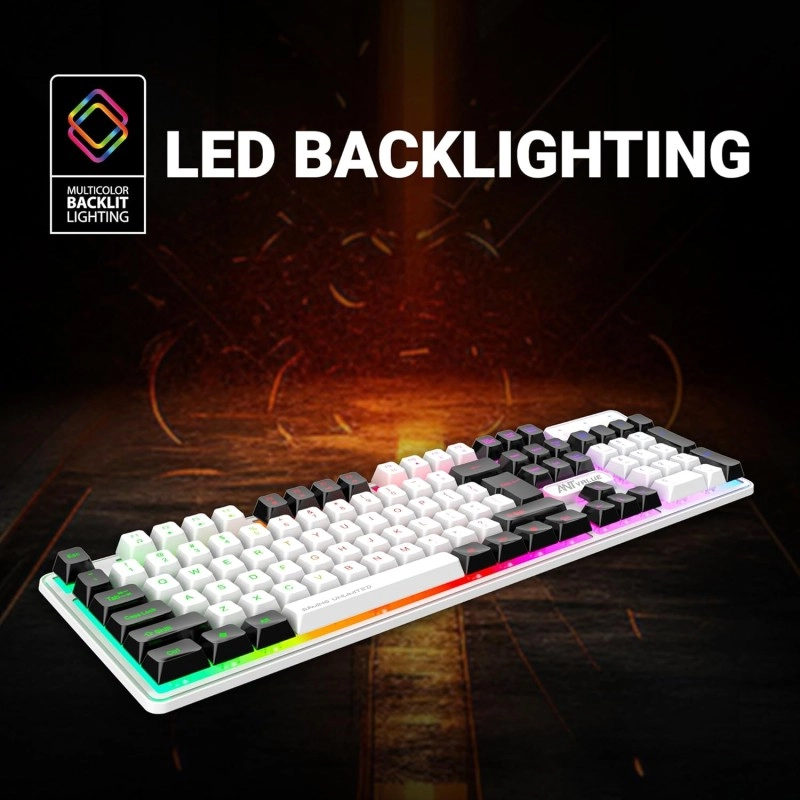 Ant Esports MK1400 Pro Backlit Membrane Wired Gaming Keyboard with Mixed Colour Lighting, White & Black Keycaps, Double Injection Key Caps - Black
