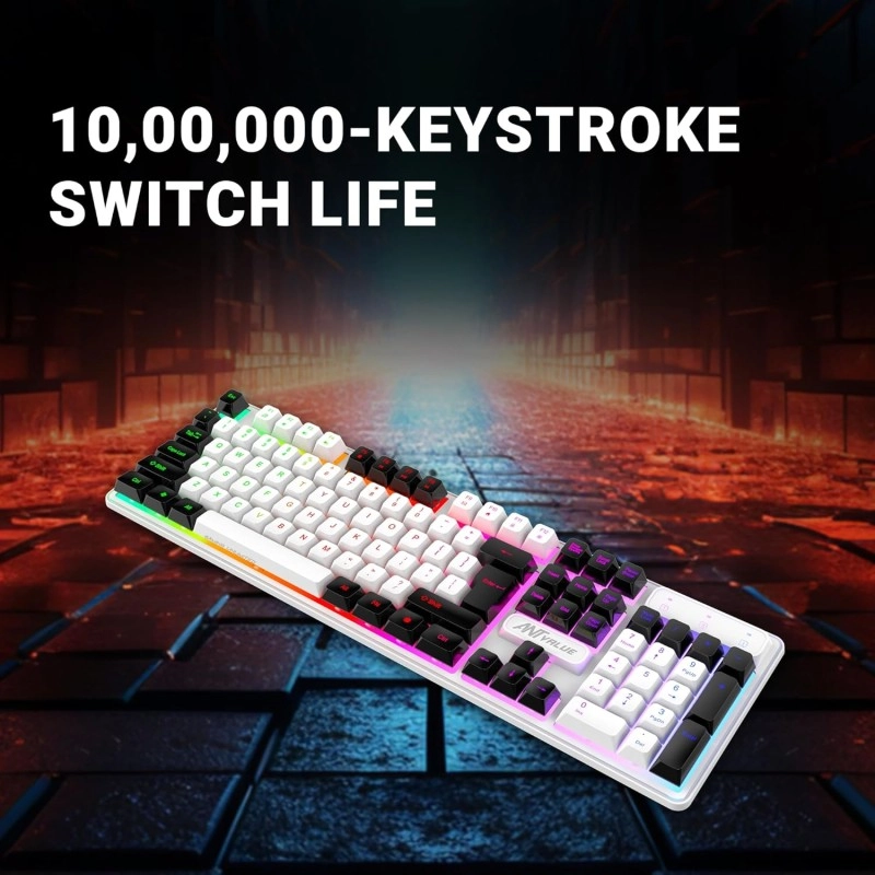 Ant Esports MK1400 Pro Backlit Membrane Wired Gaming Keyboard with Mixed Colour Lighting, White & Black Keycaps, Double Injection Key Caps - Black