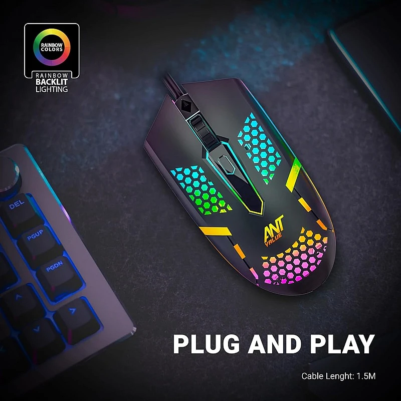 Ant Value GM1103 Gaming Mouse, USB Optical Computer Mice with RGB Backlit, 4 Adjustable DPI Up to 3600, Ergonomic Gamer Laptop PC Mouse for Windows 7/8/10/XP Vista Linux -Black Ant Value GM1103 Gaming Mouse, USB Optical Computer Mice with RGB Backlit, 4 Adjustable DPI Up to 3600, Ergonomic Gamer Laptop PC Mouse for Windows 7/8/10/XP Vista Linux -Black