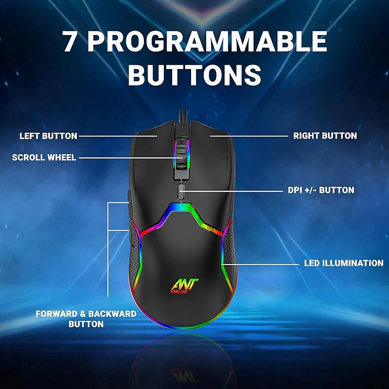 Ant Value GM1103 Gaming Mouse, USB Optical Computer Mice with RGB Backlit, 4 Adjustable DPI Up to 3600, Ergonomic Gamer Laptop PC Mouse for Windows 7/8/10/XP Vista Linux -Black Ant Value GM1103 Gaming Mouse, USB Optical Computer Mice with RGB Backlit, 4 Adjustable DPI Up to 3600, Ergonomic Gamer Laptop PC Mouse for Windows 7/8/10/XP Vista Linux -Black