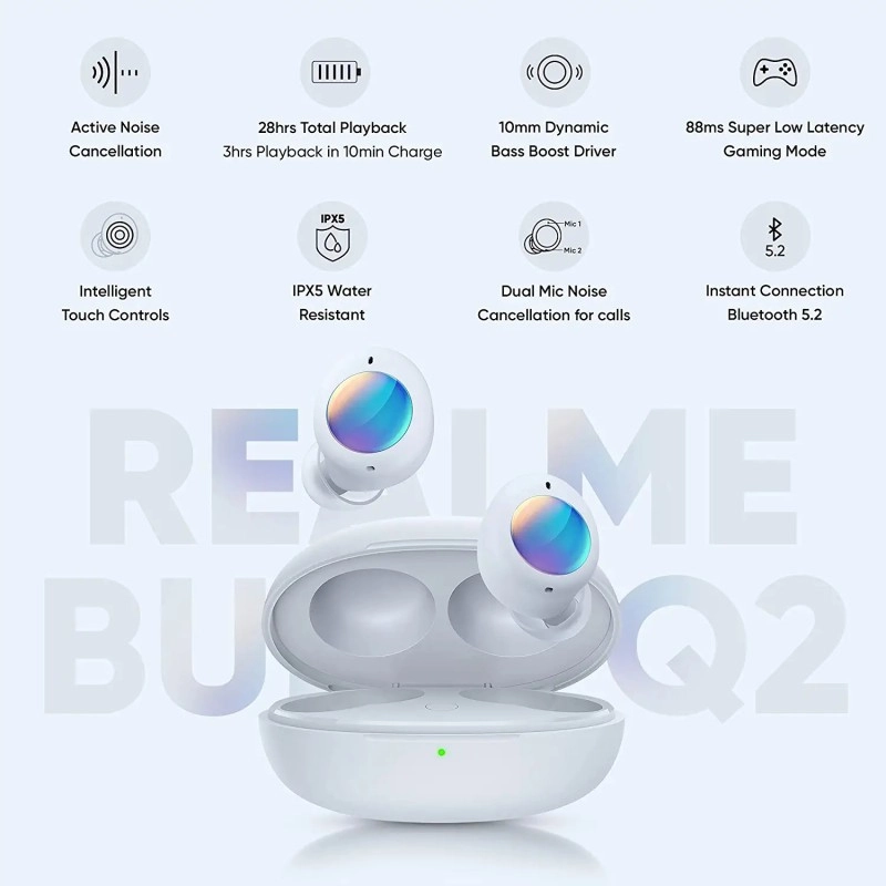 realme Buds Q2 Active Noise Cancellation ANC in-Ear TWS Earphones (White) realme Buds Q2 Active Noise Cancellation ANC in-Ear TWS Earphones (White)
