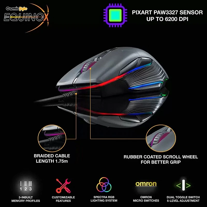 Cosmic Byte Equinox Beta 6200DPI 9 Buttons, Pixart PAW3327 Sensor, Spectra RGB Wired Optical Gaming Mouse Black Cosmic Byte Equinox Beta 6200DPI 9 Buttons, Pixart PAW3327 Sensor, Spectra RGB Wired Optical Gaming Mouse Black