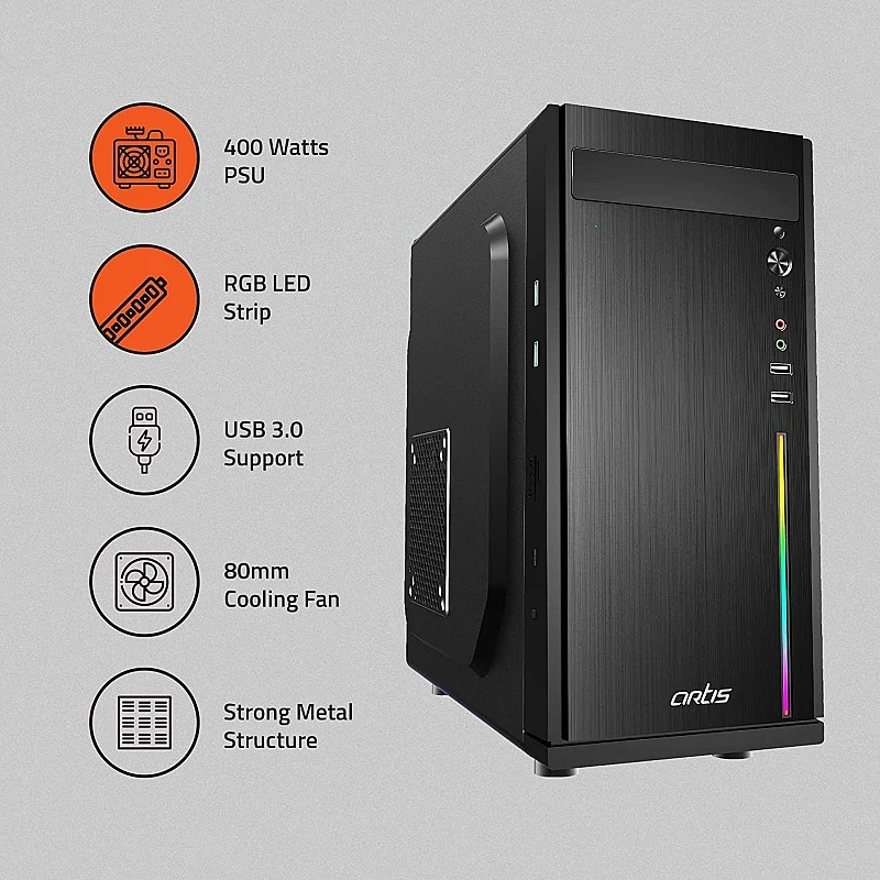 Artis Frost 3.0 RGB Computer Cabinet Support Micro ATX Motherboard,1 x 8 cm Fan with VIP 400W Power Supply Artis Frost 3.0 RGB Computer Cabinet Support Micro ATX Motherboard,1 x 8 cm Fan with VIP 400W Power Supply