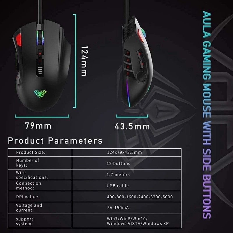 Aula F812 Wired Gaming Mouse, Macro - Hexagonal Computer Mice with RGB Backlit |7 Customized Marco Keys with Light Effect, Adjustable 4800 DPI Optical Sensor (Black) Aula F812 Wired Gaming Mouse, Macro - Hexagonal Computer Mice with RGB Backlit |7 Customized Marco Keys with Light Effect, Adjustable 4800 DPI Optical Sensor (Black)