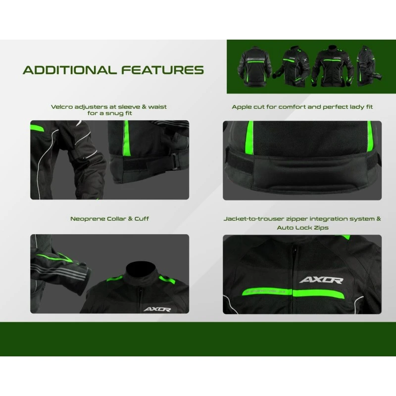 Axor Diva Riding Jacket MaxTec 600-D Textile for Women equipped with -Tech C.E. level 2 protectors at the elbows/shoulders/back and high tenacity mesh fabric for maximum ventilation-Black Neon Green-L Axor Diva Riding Jacket MaxTec 600-D Textile for Women equipped with -Tech C.E. level 2 protectors at the elbows/shoulders/back and high tenacity mesh fabric for maximum ventilation-Black Neon Green-L
