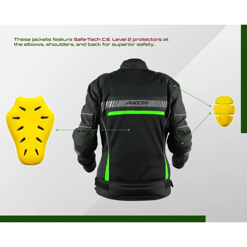 Axor Diva Riding Jacket MaxTec 600-D Textile for Women equipped with -Tech C.E. level 2 protectors at the elbows/shoulders/back and high tenacity mesh fabric for maximum ventilation-Black Neon Green-L Axor Diva Riding Jacket MaxTec 600-D Textile for Women equipped with -Tech C.E. level 2 protectors at the elbows/shoulders/back and high tenacity mesh fabric for maximum ventilation-Black Neon Green-L