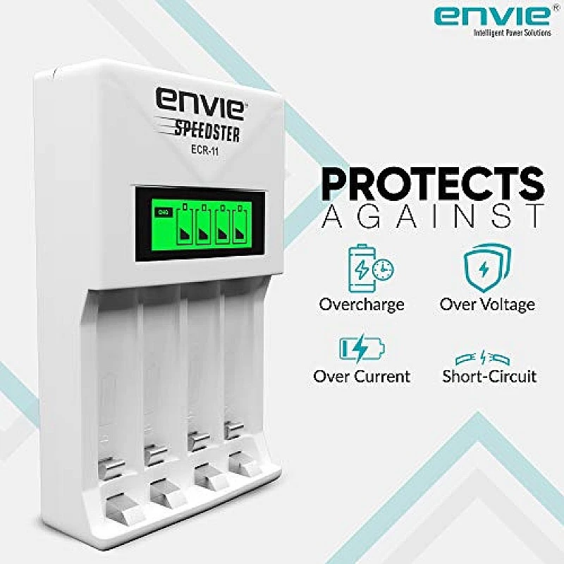 ENVIE® (ECR 11) Speedster Fast Charger for AA & AAA Rechargeable Batteries (with LCD Display) ENVIE® (ECR 11) Speedster Fast Charger for AA & AAA Rechargeable Batteries (with LCD Display)