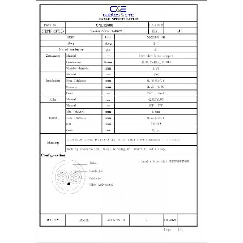 C&E CNE62686 Premium Series CL2 Rated 2-Conductor 14 Gauge in Wall Speaker Wire Cable (50 Feet / 15 Meters) C&E CNE62686 Premium Series CL2 Rated 2-Conductor 14 Gauge in Wall Speaker Wire Cable (50 Feet / 15 Meters)