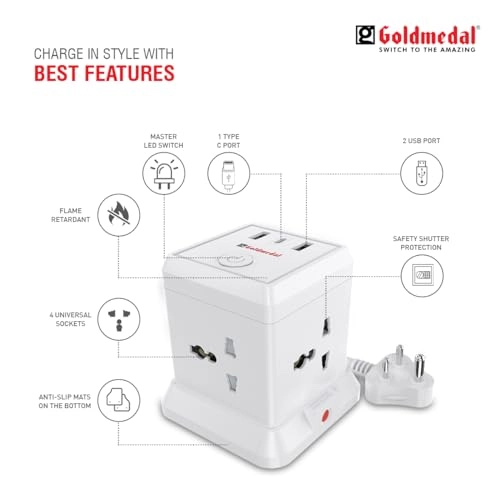 Goldmedal 360 Degree Power Strip (White) Pack Of 1, 6-Outlet International Sockets, 3-Pin 2 Meter Cable, Master Switch With Led Light Indicator And Overload Protector For Home & Office,240Volts