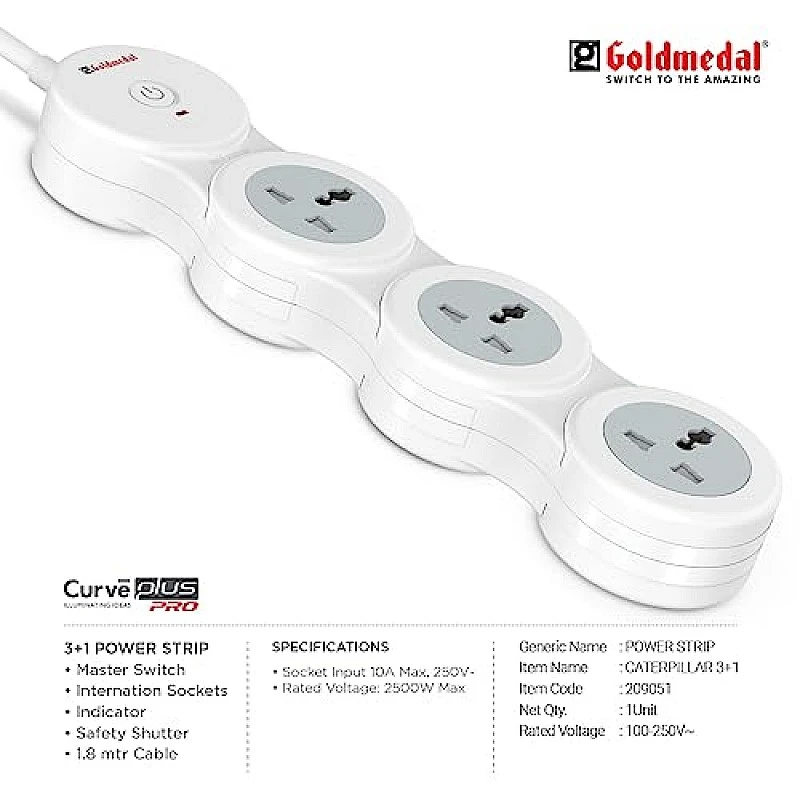 Goldmedal 360 Degree Power Strip (White) Pack Of 1, 6-Outlet International Sockets, 3-Pin 2 Meter Cable, Master Switch With Led Light Indicator And Overload Protector For Home & Office,240Volts Goldmedal 360 Degree Power Strip (White) Pack Of 1, 6-Outlet International Sockets, 3-Pin 2 Meter Cable, Master Switch With Led Light Indicator And Overload Protector For Home & Office,240Volts