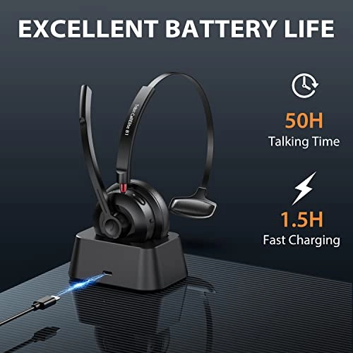 Tribit Wireless Headset with Mic, Bluetooth 5.0 AI Noise Cancelling On Ear Headphones, Business Headset with USB Dongle, Black