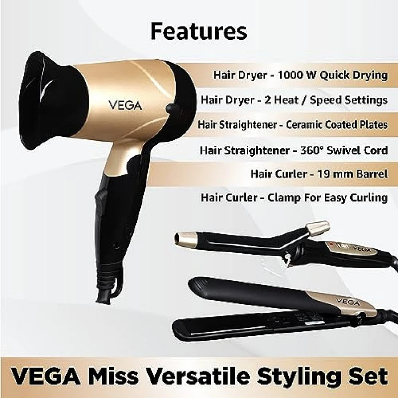 VEGA VHSS-03 Miss Versatile Styling Set Straightener, Curler & Dryer Gift Combo Black VEGA VHSS-03 Miss Versatile Styling Set Straightener, Curler & Dryer Gift Combo Black