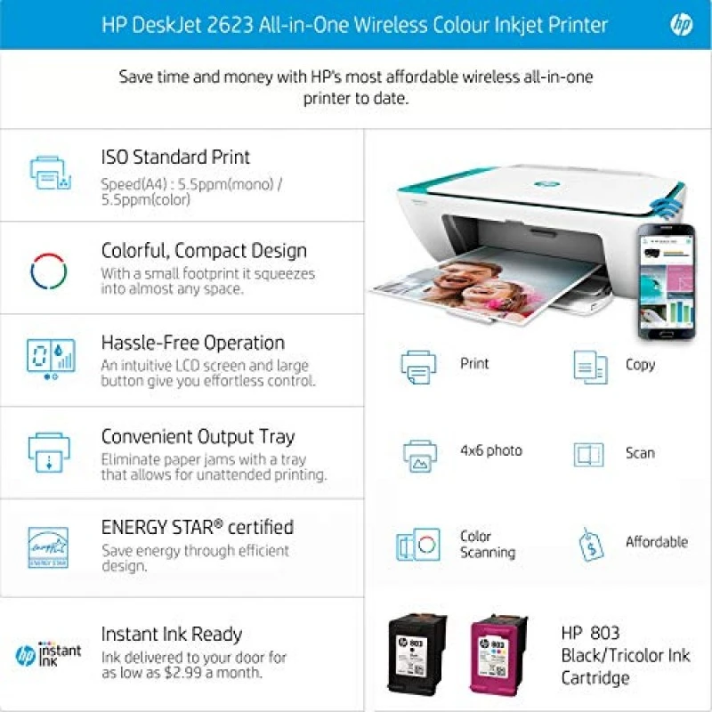 HP DeskJet 2623 All-in-One Wireless Colour Inkjet Printer White with Voice-Activated Printing Compatible with Alexa and Google Assistant HP DeskJet 2623 All-in-One Wireless Colour Inkjet Printer White with Voice-Activated Printing Compatible with Alexa and Google Assistant