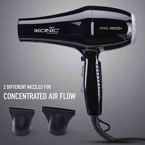 Ikonic 2500+ Professional Hair Dryer, Black, 2500W with Powerful AC motor, 2 speed and 3 heat settings with Cool shot, 2 Interchangeable Nozzles, Hang up loop, Control Frizz, All Hair Type