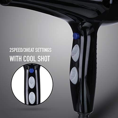 Ikonic 2500+ Professional Hair Dryer, Black, 2500W with Powerful AC motor, 2 speed and 3 heat settings with Cool shot, 2 Interchangeable Nozzles, Hang up loop, Control Frizz, All Hair Type