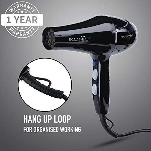 Ikonic 2500+ Professional Hair Dryer, Black, 2500W with Powerful AC motor, 2 speed and 3 heat settings with Cool shot, 2 Interchangeable Nozzles, Hang up loop, Control Frizz, All Hair Type