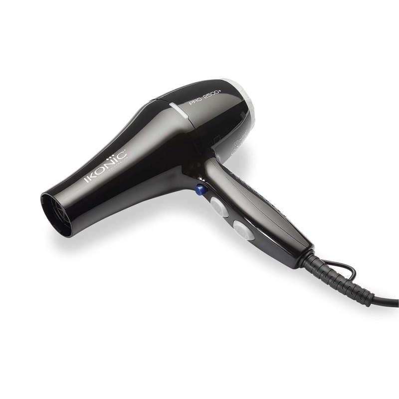 Ikonic 2500+ Professional Hair Dryer, Black, 2500W with Powerful AC motor, 2 speed and 3 heat settings with Cool shot, 2 Interchangeable Nozzles, Hang up loop, Control Frizz, All Hair Type