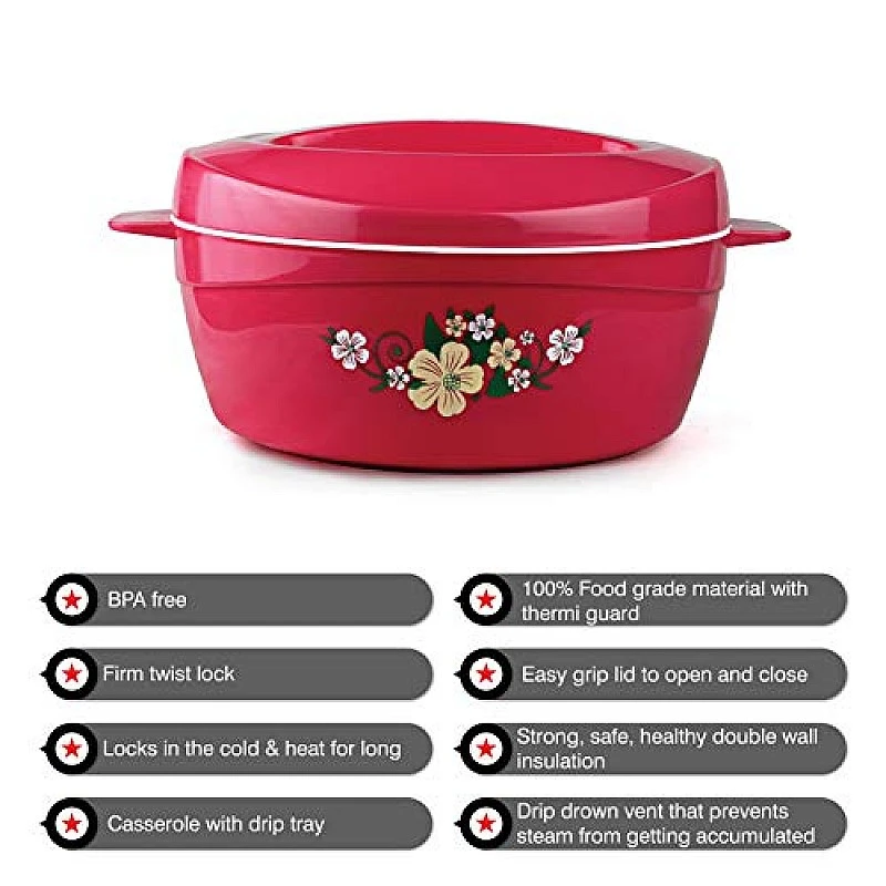 Cello Roti Plus Plastic Floral Casserole with Lid Locks in the cold & heat for long Casserole 2.5 L, Pink Cello Roti Plus Plastic Floral Casserole with Lid Locks in the cold & heat for long Casserole 2.5 L, Pink