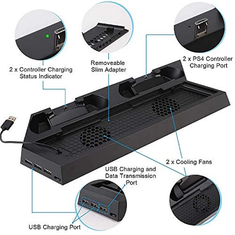 New World Vertical Stand with Cooling Fan Dual Charger Charging Dock for PS4 New World Vertical Stand with Cooling Fan Dual Charger Charging Dock for PS4
