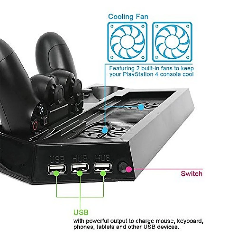 New World Vertical Stand with Cooling Fan Dual Charger Charging Dock for PS4 New World Vertical Stand with Cooling Fan Dual Charger Charging Dock for PS4