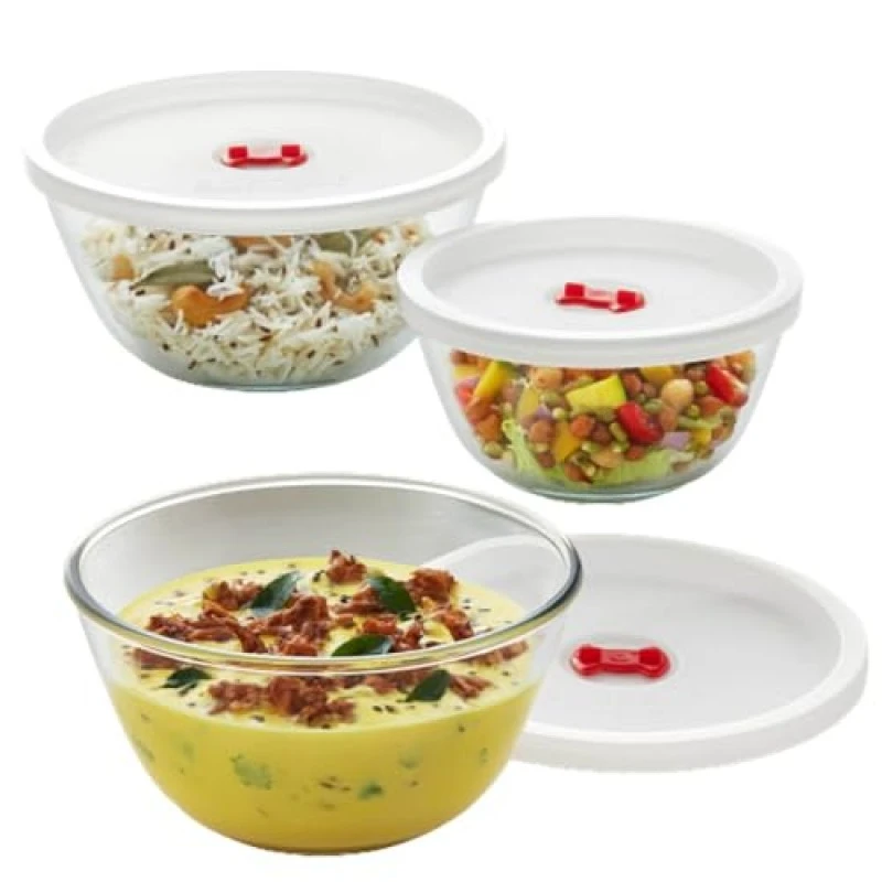 Borosil Glass Serving And Mixing Bowls With Lids, Oven and Microwave Safe Bowls, Set of 3 Borosilicate Glass, Clear Borosil Glass Serving And Mixing Bowls With Lids, Oven and Microwave Safe Bowls, Set of 3 Borosilicate Glass, Clear