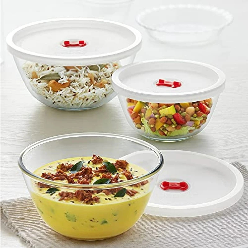 Borosil Glass Serving And Mixing Bowls With Lids, Oven and Microwave Safe Bowls, Set of 3 Borosilicate Glass, Clear Borosil Glass Serving And Mixing Bowls With Lids, Oven and Microwave Safe Bowls, Set of 3 Borosilicate Glass, Clear