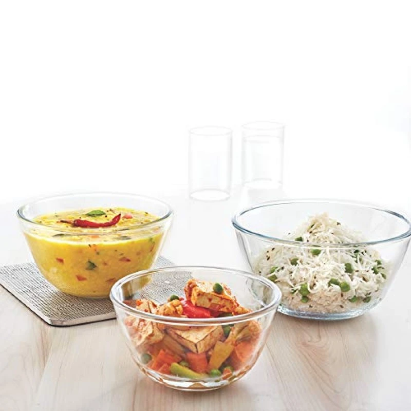 Borosil Glass Serving And Mixing Bowls With Lids, Oven and Microwave Safe Bowls, Set of 3 Borosilicate Glass, Clear Borosil Glass Serving And Mixing Bowls With Lids, Oven and Microwave Safe Bowls, Set of 3 Borosilicate Glass, Clear