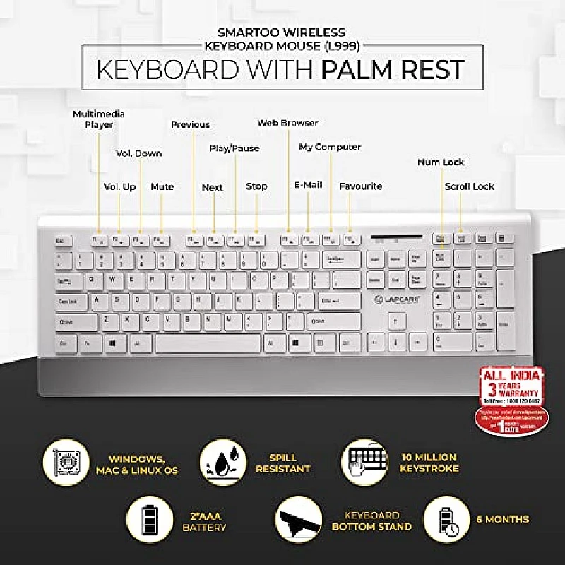 Lapcare Smartoo Wireless Membraned Keyboard and 1200 DPI Mouse Combo with Auto Sleep (White/Silver) Lapcare Smartoo Wireless Membraned Keyboard and 1200 DPI Mouse Combo with Auto Sleep (White/Silver)