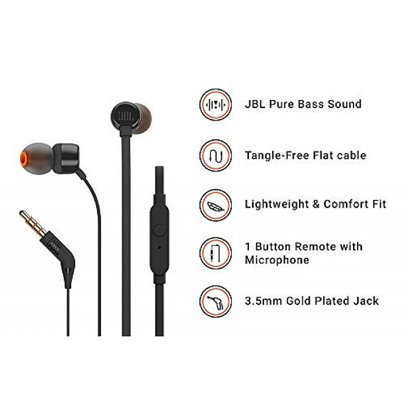 JBL T160 in-Ear Headphones with Mic (Black) JBL T160 in-Ear Headphones with Mic (Black)