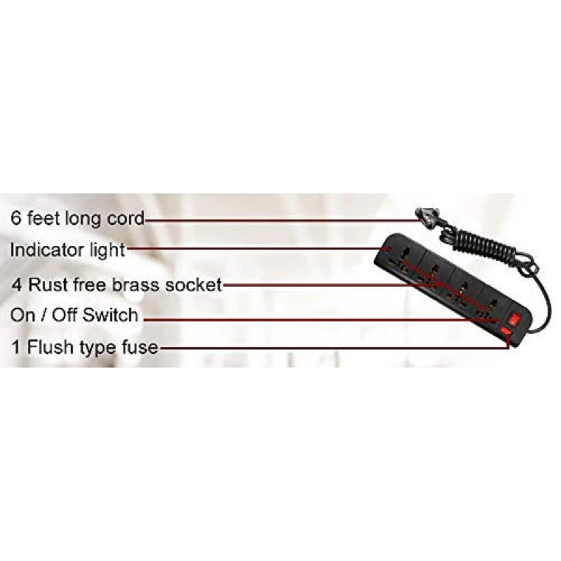 Live Tech PS07 Power Strip with 4 Sockets Rust Free, 6ft (1.8 Meter) Extension Cord 3 Pin Plug Spike Guard ABS Virgin Plastic Material (Black) Live Tech PS07 Power Strip with 4 Sockets Rust Free, 6ft (1.8 Meter) Extension Cord 3 Pin Plug Spike Guard ABS Virgin Plastic Material (Black)