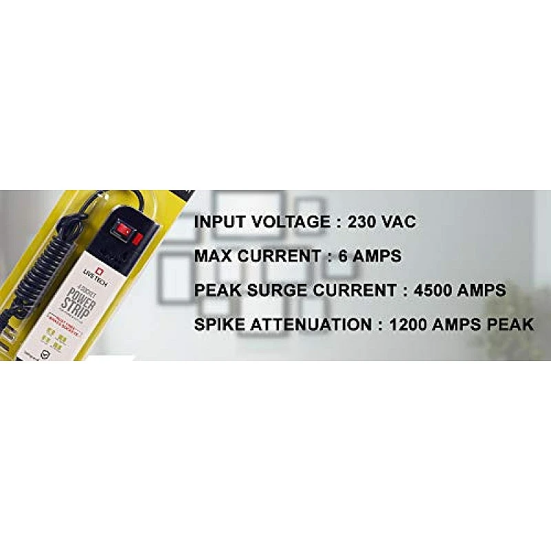 Live Tech PS07 Power Strip with 4 Sockets Rust Free, 6ft (1.8 Meter) Extension Cord 3 Pin Plug Spike Guard ABS Virgin Plastic Material (Black) Live Tech PS07 Power Strip with 4 Sockets Rust Free, 6ft (1.8 Meter) Extension Cord 3 Pin Plug Spike Guard ABS Virgin Plastic Material (Black)