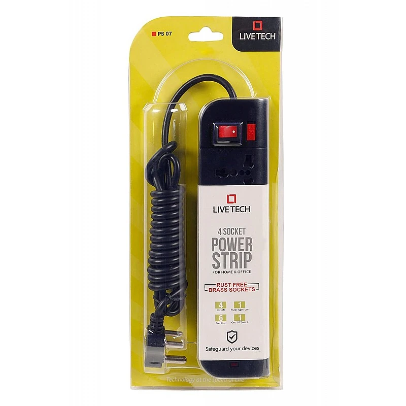 Live Tech PS07 Power Strip with 4 Sockets Rust Free, 6ft (1.8 Meter) Extension Cord 3 Pin Plug Spike Guard ABS Virgin Plastic Material (Black) Live Tech PS07 Power Strip with 4 Sockets Rust Free, 6ft (1.8 Meter) Extension Cord 3 Pin Plug Spike Guard ABS Virgin Plastic Material (Black)