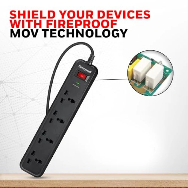 Honeywell Surge Protector, 4 Universal Sockets,15000Amp, 2 Meter Cord, Device Secure Warranty Honeywell Surge Protector, 4 Universal Sockets,15000Amp, 2 Meter Cord, Device Secure Warranty