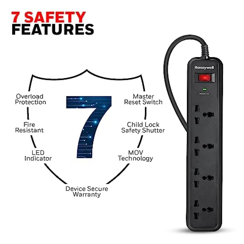 Honeywell Surge Protector, 4 Universal Sockets,15000Amp, 2 Meter Cord, Device Secure Warranty Honeywell Surge Protector, 4 Universal Sockets,15000Amp, 2 Meter Cord, Device Secure Warranty