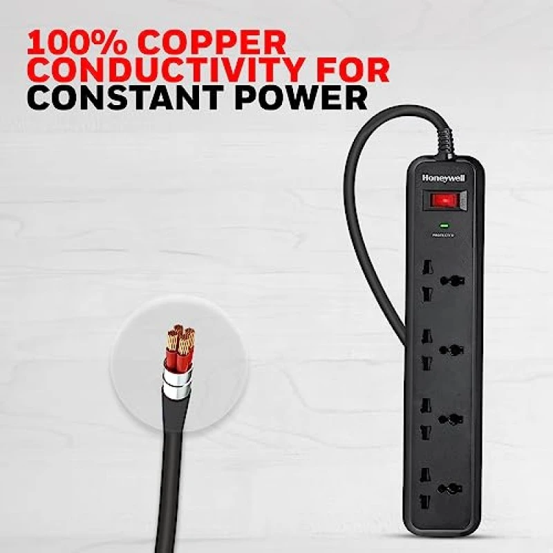 Honeywell Surge Protector, 4 Universal Sockets,15000Amp, 2 Meter Cord, Device Secure Warranty Honeywell Surge Protector, 4 Universal Sockets,15000Amp, 2 Meter Cord, Device Secure Warranty