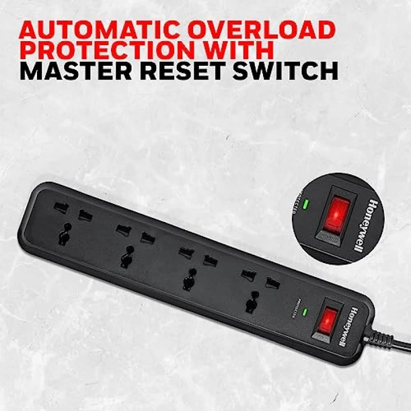 Honeywell Surge Protector, 4 Universal Sockets,15000Amp, 2 Meter Cord, Device Secure Warranty Honeywell Surge Protector, 4 Universal Sockets,15000Amp, 2 Meter Cord, Device Secure Warranty