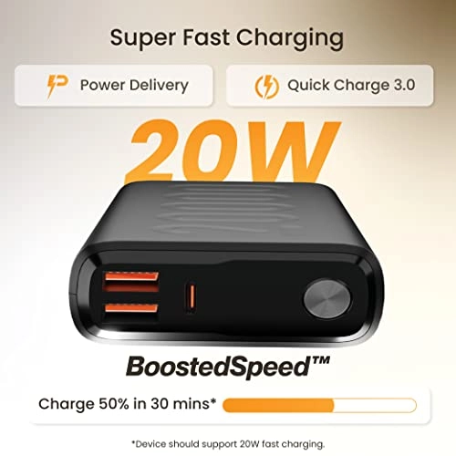 Ambrane 20000mAh Power Bank with 20W Fast Charging, Triple Output, Power Deliver Made in India Black Ambrane 20000mAh Power Bank with 20W Fast Charging, Triple Output, Power Deliver Made in India Black