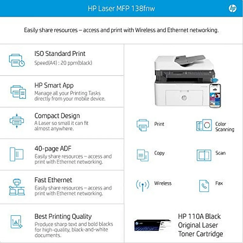 HP Laserjet 138fnw Print Copy Scan & Fax, Wi-Fi Printer, Compact Design, Reliable, and Fast Printing, Network Support HP Laserjet 138fnw Print Copy Scan & Fax, Wi-Fi Printer, Compact Design, Reliable, and Fast Printing, Network Support